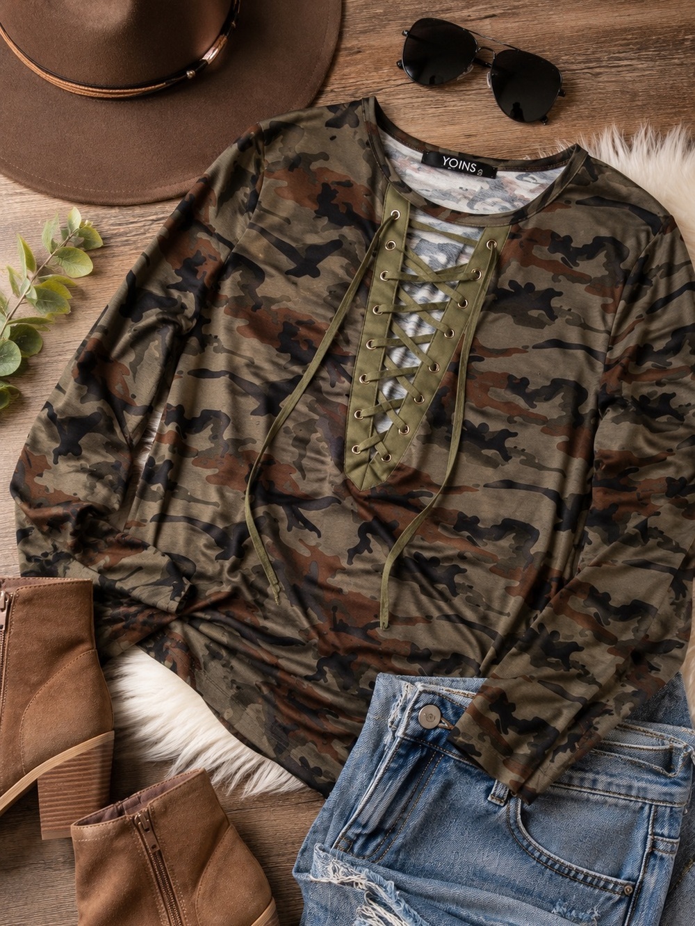 Boutique Yoins Military Camouflage Sexy Lace-Up V-Neck Long Sleeve Top Sz Small - Picture 3 of 16